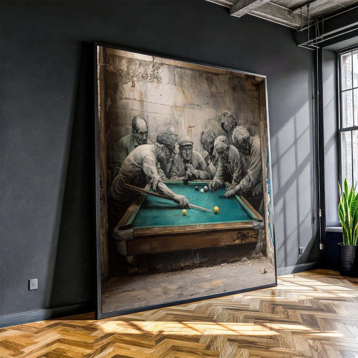 XINBAO Vintage Pool Game Scene Canvas, Old Men Playing Billiards Wall Art, Retro Game Room Decor, Realistic Urban Mural Painting(55x55cm/Frameless)
