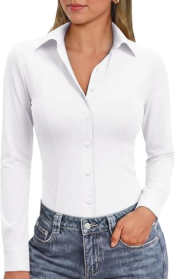 siliteelon Womens Stretch Button Down Shirts Slim fit Long Sleeve Dress Shirt Wrinkle Free Collared Business Work Blouse Top