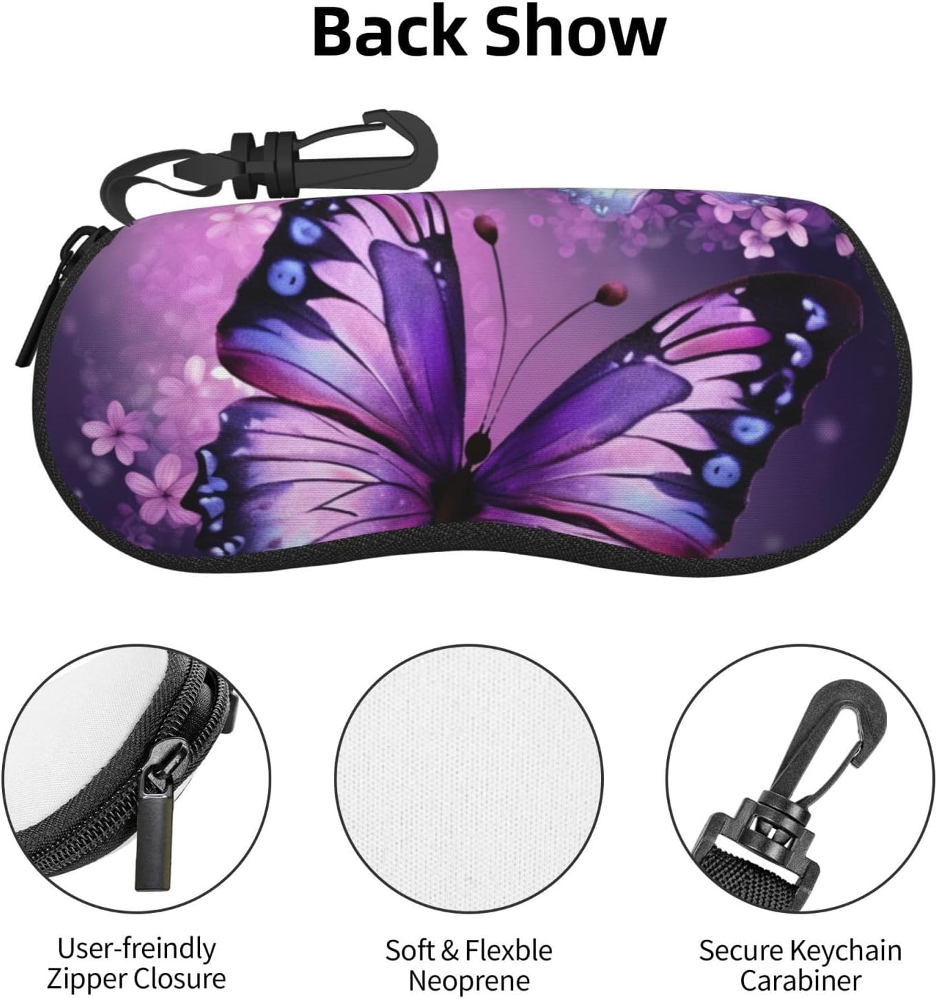 Beautiful Purple Butterfly Art Sunglasses Case, Ultra Light Neoprene Eyeglass Case for Men Women, Hard Shell Shockproof Sport Glasses Case with Carabiner Travel Zipper Eyeglasses Holder