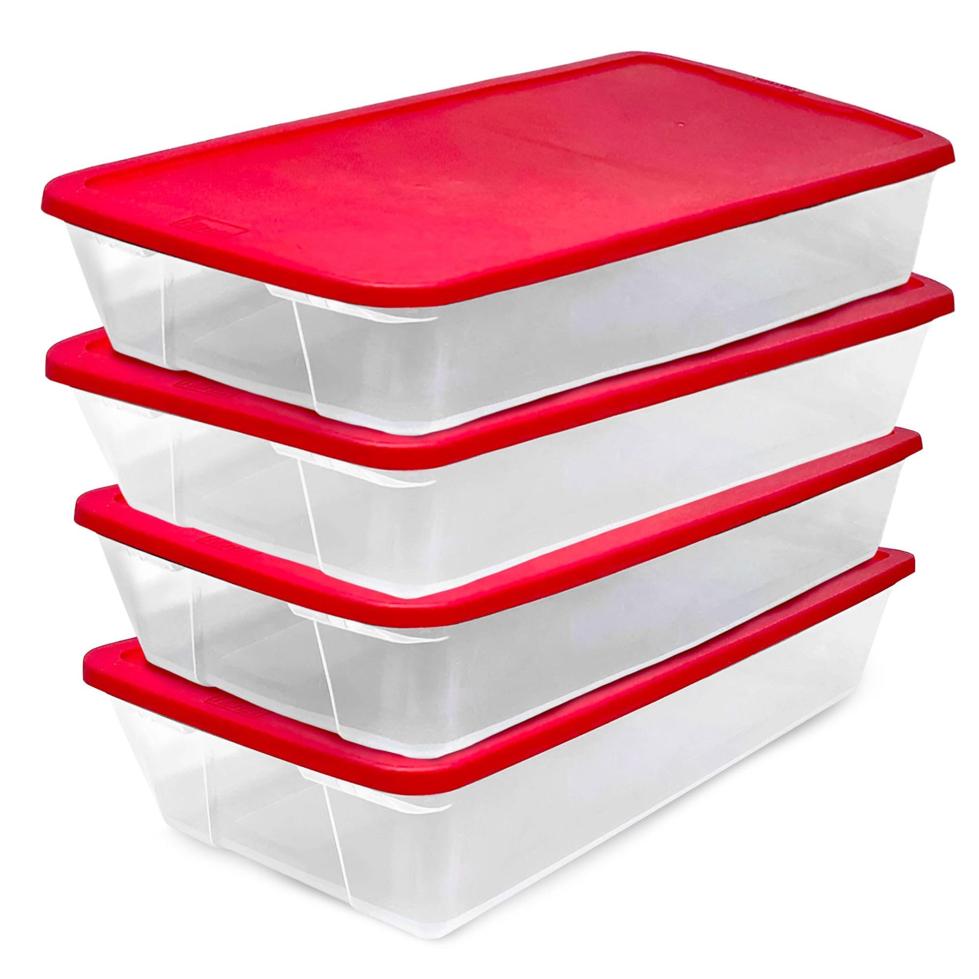 HOMZ 4-Pack Holiday Tote, Clear Plastic Storage Organizer Bins with Lids, 41 Quart, Red - Stackable Organizing Containers for Home, Garage, and Office