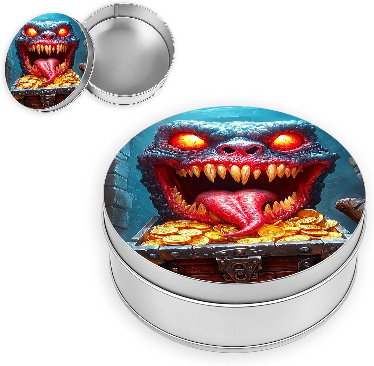 Decorative Round Metal Tin Box, Monster Guarding Treasure Chest Small Storage Container with Lid for Jewelry, Candy, Crafts & Travel, 3.54"x1.38" Aesthetic Keepsake Gift Box