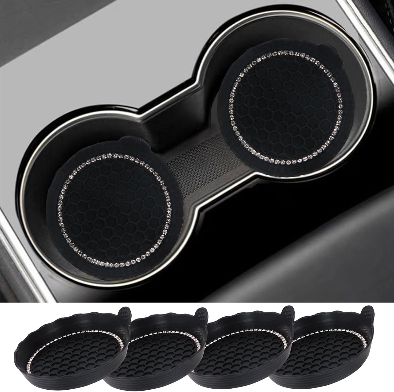4 Pack Bling Car Coasters, 2.75 Inch Bling Crystal Rhinestone Soft Rubber Universal Anti-Slip Glitter Cup Mats Auto Cup Holder Insert Drink Coaster Car Interior Decoration for Women Girls (Black)