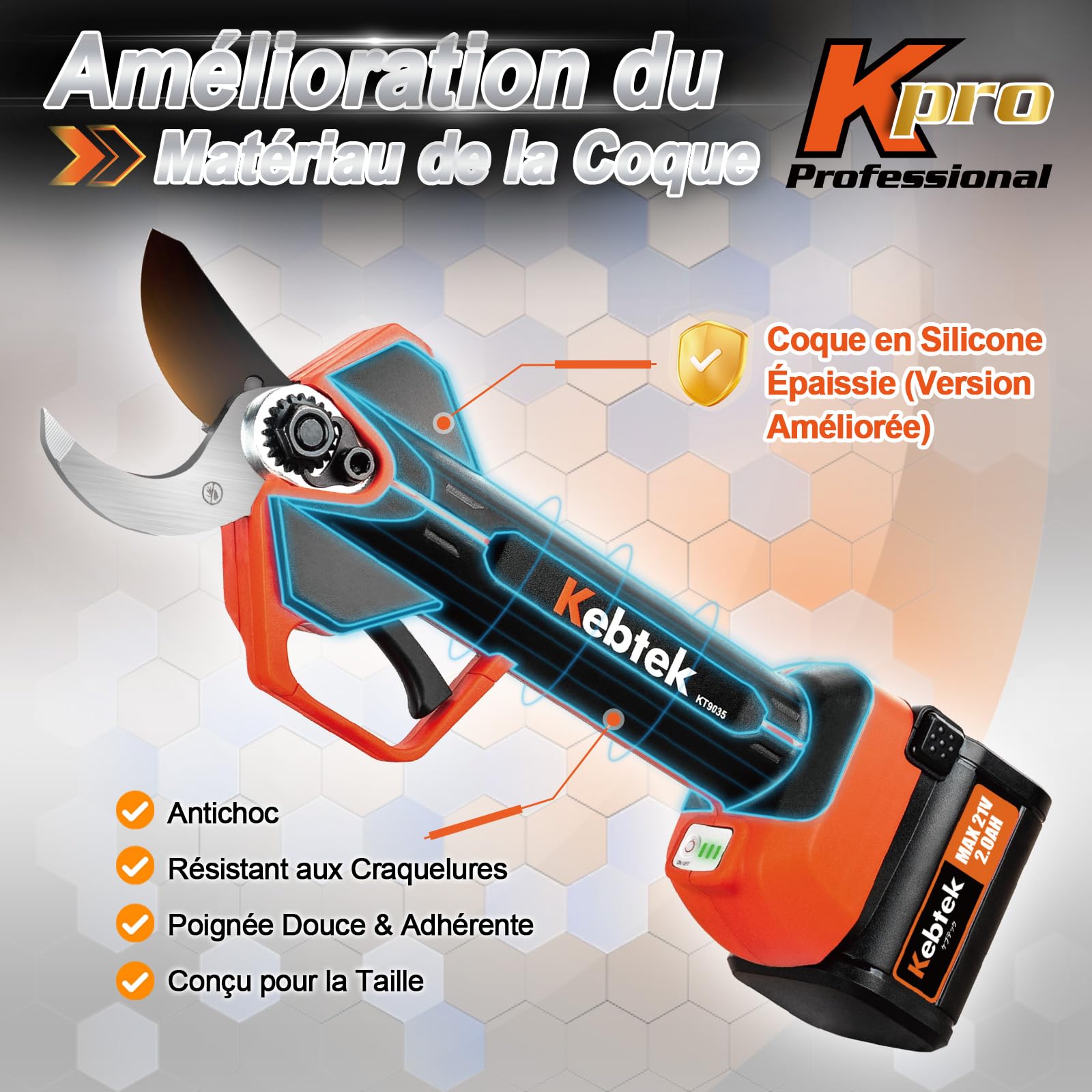 Kebtek 9035 Coupe-branches sans fil léger 35 mm Ciseaux électriques de jardin 21 V 4000 mAh Batterie Ciseaux de jardin professionnels compatibles avec rallonge manche télescopique ciseaux à buis