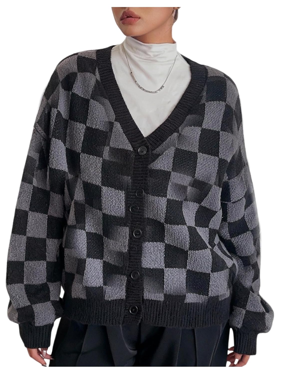 Womens Plus Size Plaid Button Down Cardigan V Neck Long Sleeve Sweaters Retro Winter Outerwear