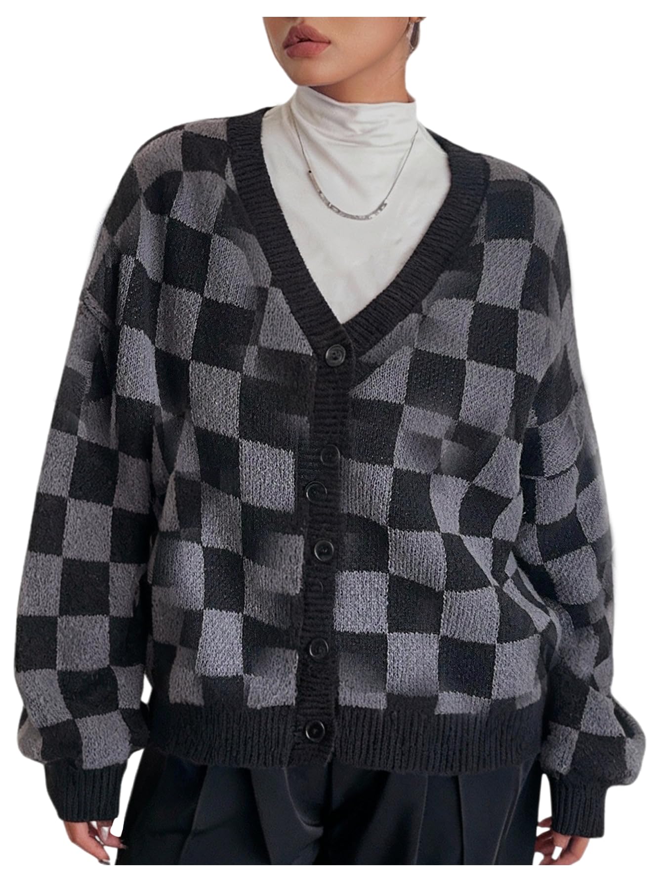Womens Plus Size Plaid Button Down Cardigan V Neck Long Sleeve Sweaters Retro Winter Outerwear