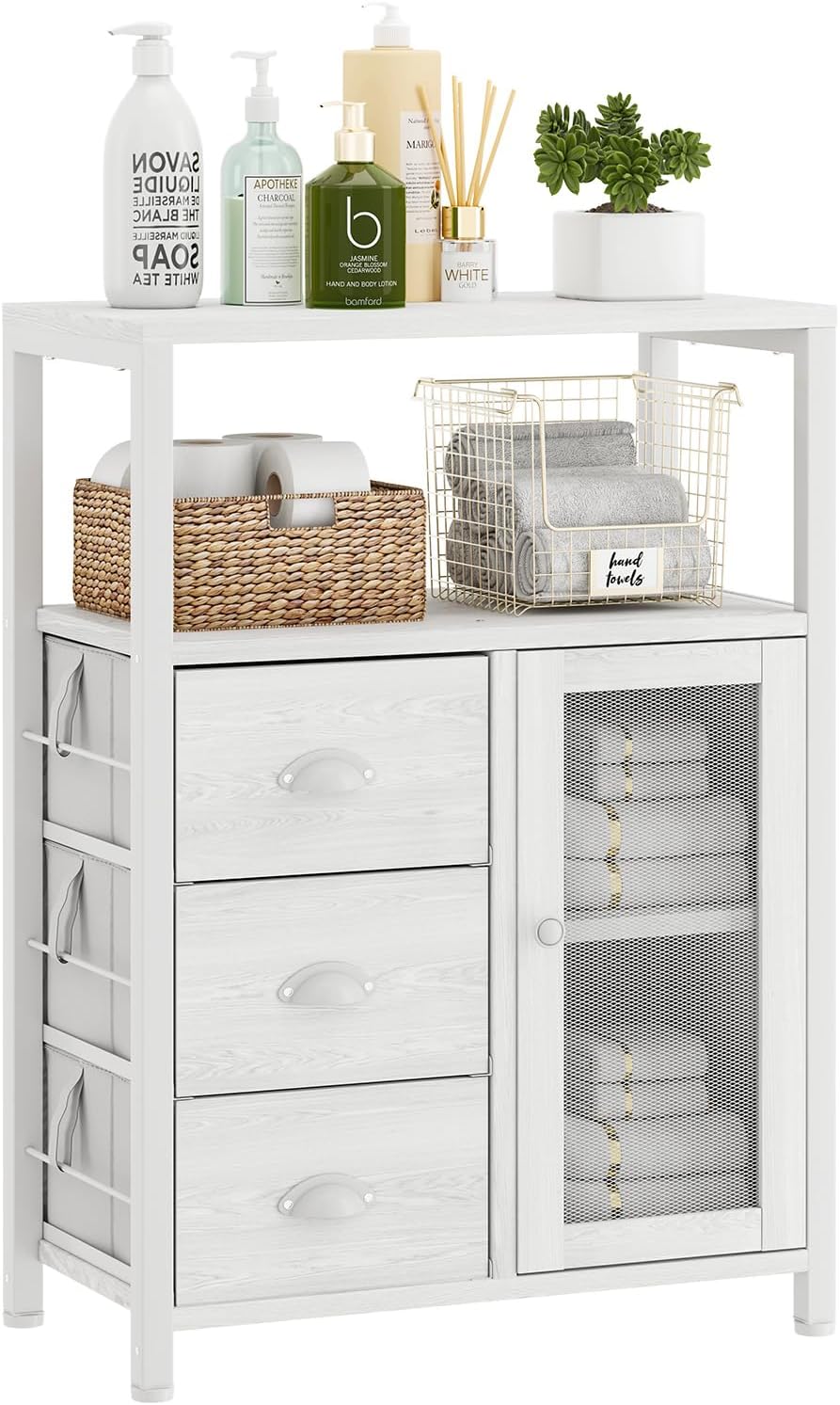 Homeiju Bathroom Floor Storage Cabinet Organizer with 3 Removable Drawers and 1 Door, Industrial Floor Storage Cabinet for Kitchen, Living Room, Bathroom, Home Office