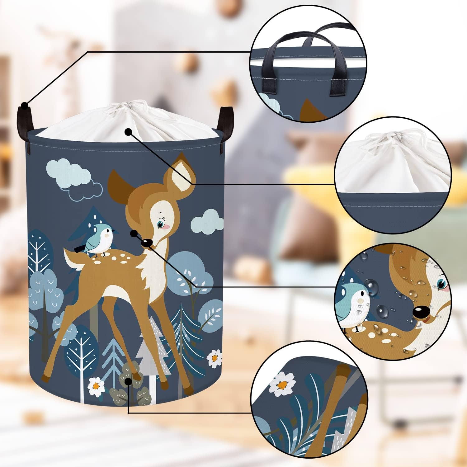 Clastyle 45L Cute Night Deer Childrens Laundry Hamper for Toys Collapsible Waterproof Rabbit Laundry Baskets with Drawstring for Bedroom, 14.2 * 17.7 in : Baby