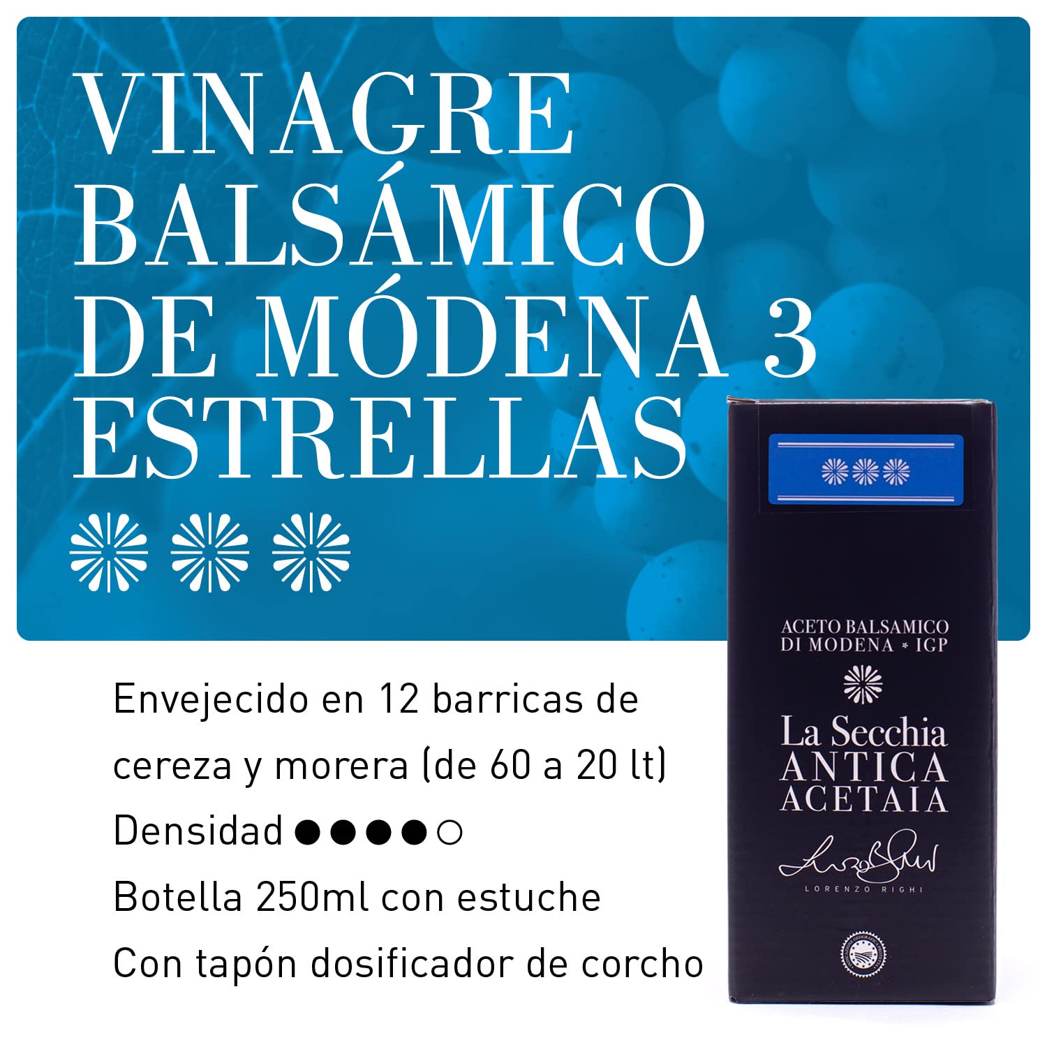 La Secchia - Aceto Balsámico de Módena IGP "Tres Estrellas", madurado en 12 barricas de Cerezo-Morera, densidad media, botella de 250 ml con tapón dosificador de corcho.