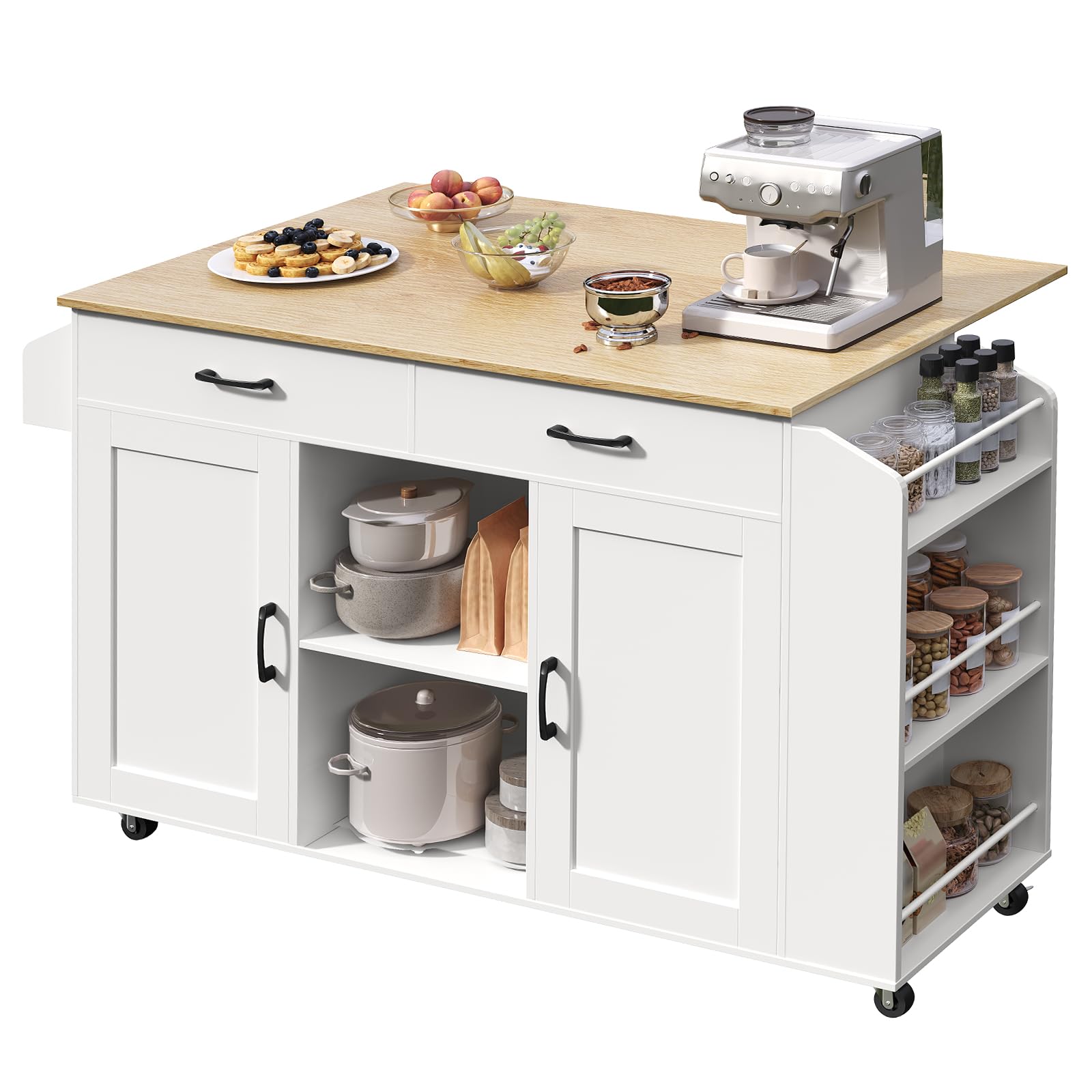 Kitchen Island with Storage, Mobile Portable Kitchen Table, Kitchen Island on Wheels with Drop Leaf, 52.8" Rolling Island, Spice Rack, Towel Rack, White and Natural KINW12801N1