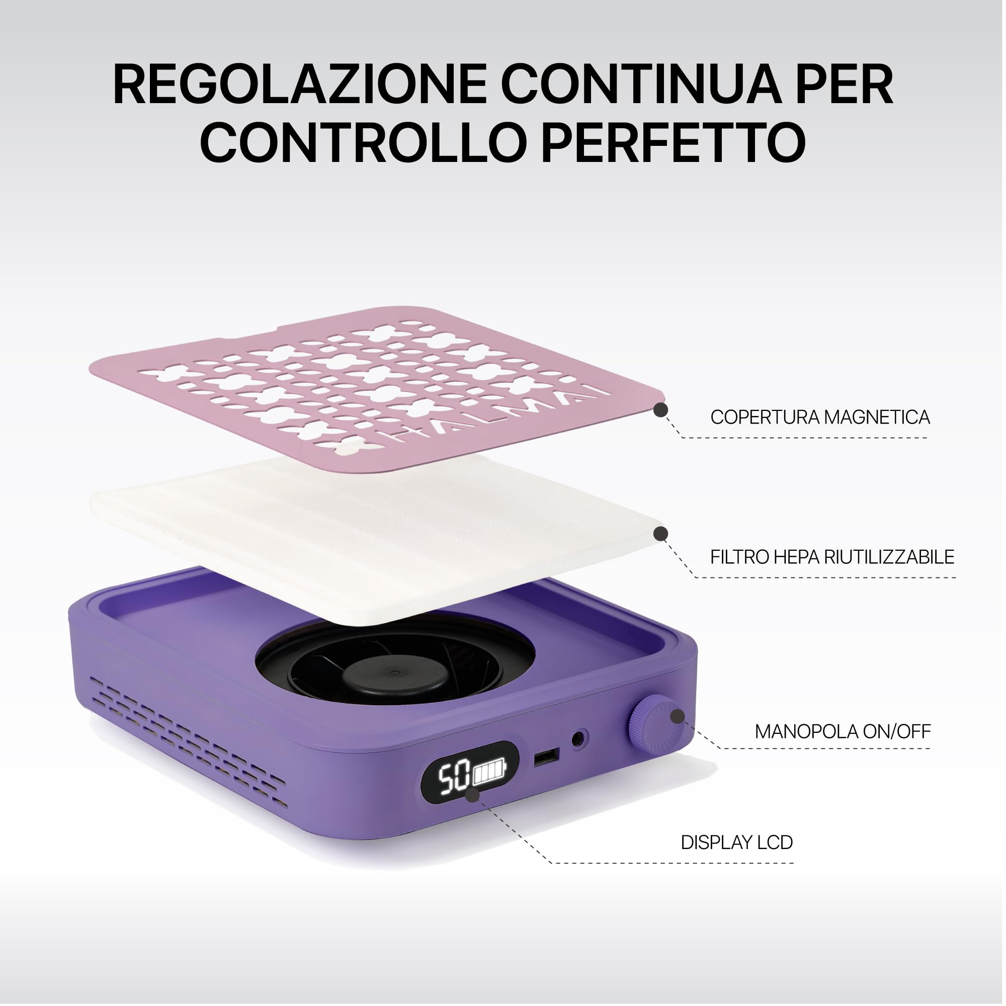 HALMAI Aspirapolvere per polvere da unghie ricaricabile senza fili 800Pa motore brushless portatile filtro HEPA Viola crepuscolo