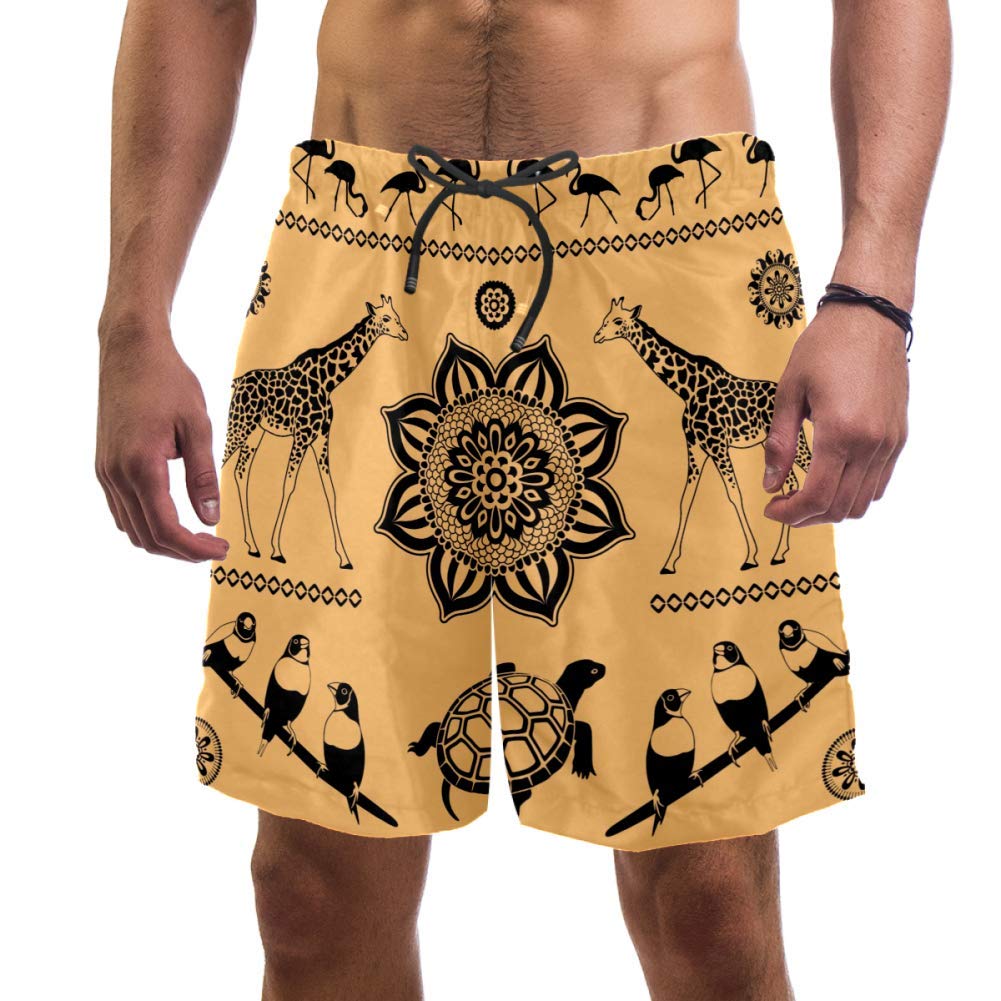 Eslifey Men's Multi Man Beach Shorts Giraffes And Flamingos Swim Trunks Elastic Swimsuit Board Shorts For