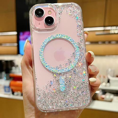 ASONCE Bonita funda con purpurina para iPhone 15 compatible con MagSafe Funda magnética transparente con estrellas brillantes para mujeres y niñas