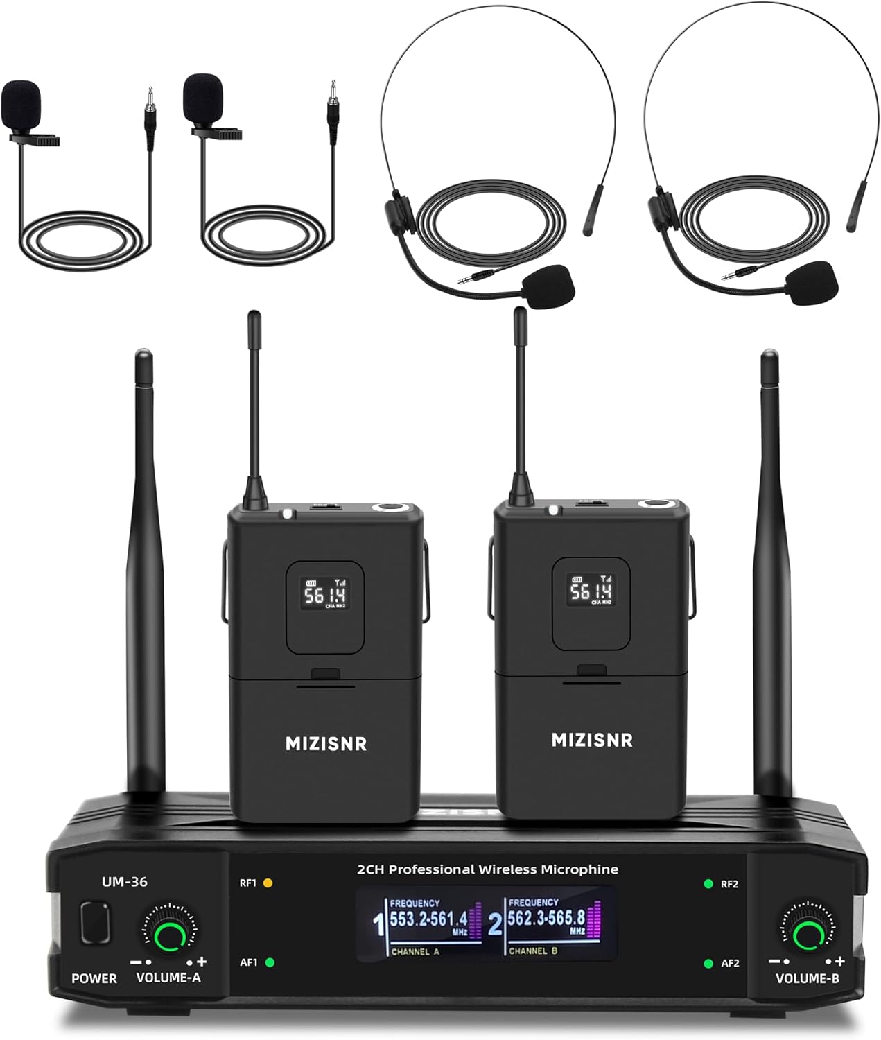 UHF Wireless Lavalier Microphone System with Headset & Lapel Mics, Dual Channel Cordless Microphone and receivers Set, 300ft Range for Singing, Church, Karaoke, Preaching, Wedding