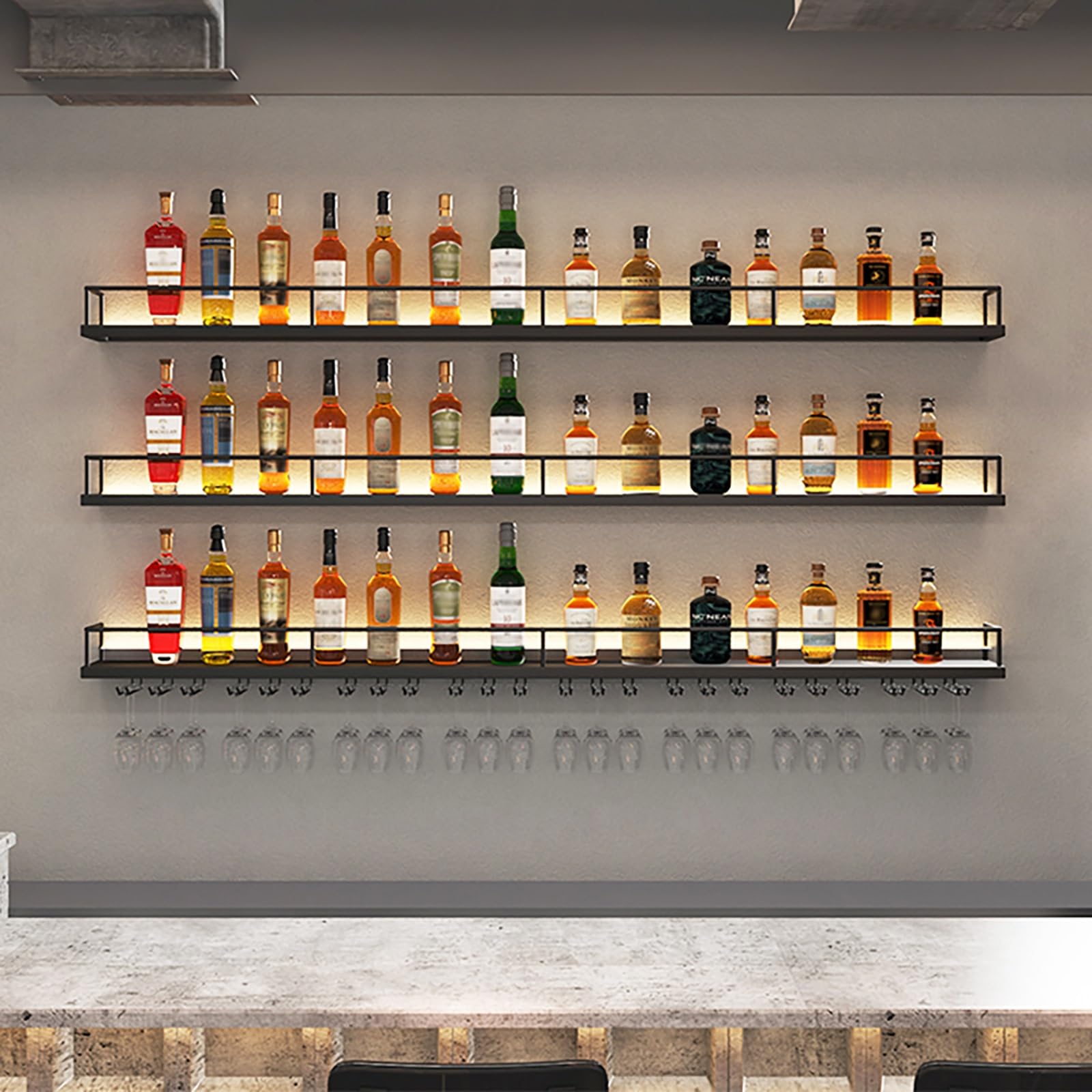 Portabottiglie da parete con illuminazione a LED, mensola in metallo per liquori da 150 cm, supporto galleggiante per cucina, sala da pranzo e bar, design nero (senza gancio)