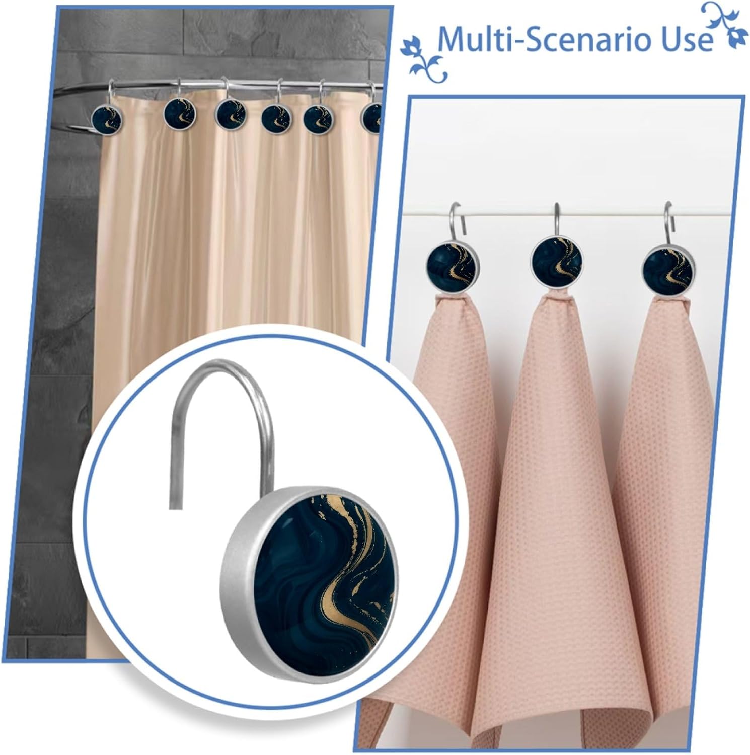 12 Packs Black Marble Shower Curtain Hooks, Stainless Steel Glass Shower Curtain Rings for Bathroom Decor, Metal Rustproof Curtain Rod Hooks