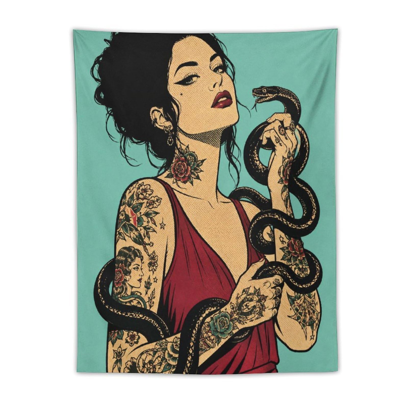 H3B8U2Y5 Tattooed Woman with Snake Wall Tapestry, Pop Art, Bold Pop Art