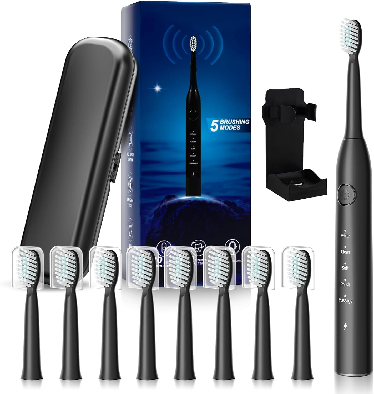 Rechargeable Electric Toothbrush, 8 Brush Heads, with 100 Day Battery Life, 5 Cleaning Modes, Fast Type-C Charging, Comes with Portable Travel Case & Holder, Black - Image 1 of 6
