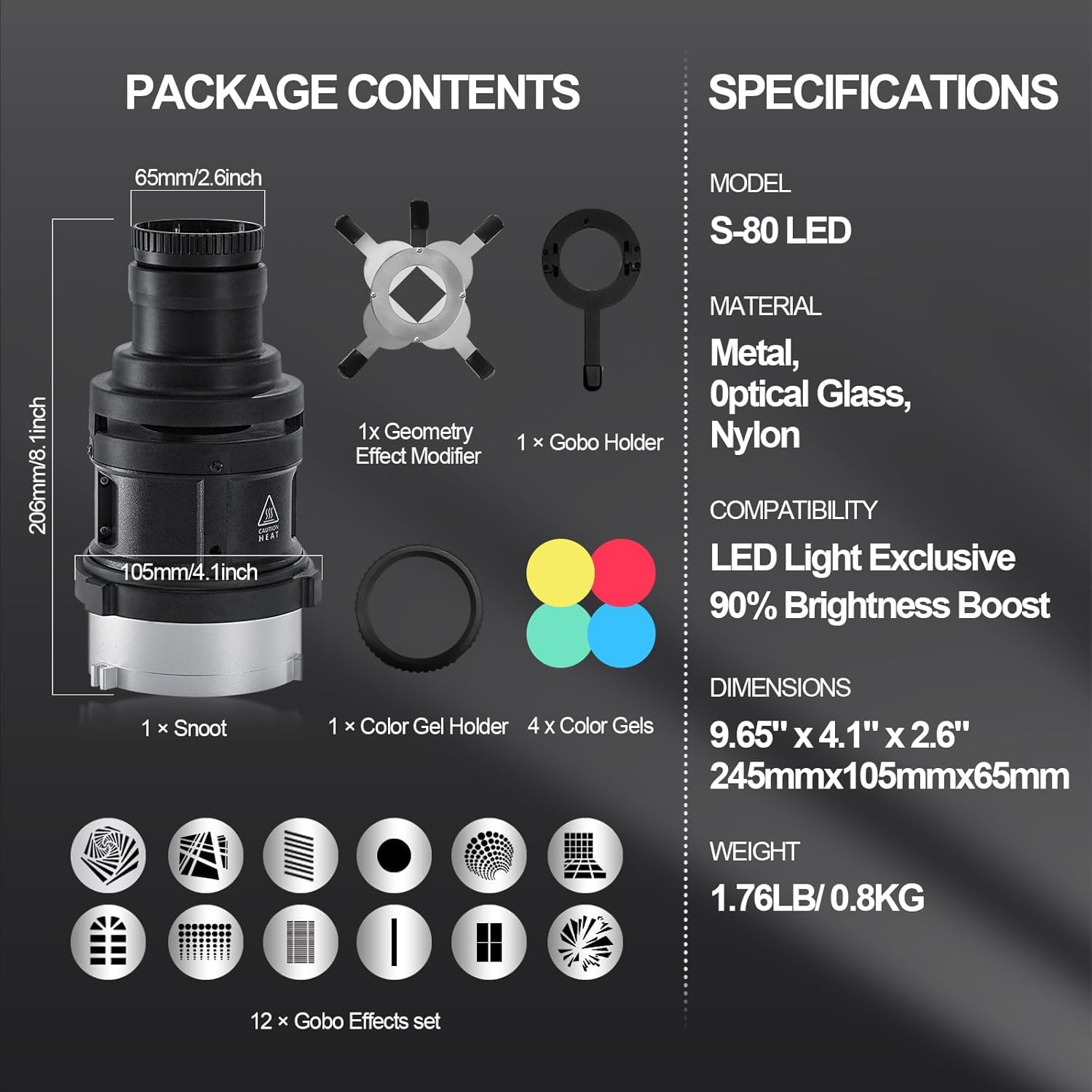 WELLMAKING S80LED Bowens Mount Snoot ottico per luci LED: 90% di uscita più luminosa, obiettivo di messa a fuoco regolabile a 38°, immagini ultra nitide per fotografia/video in studio, controllo