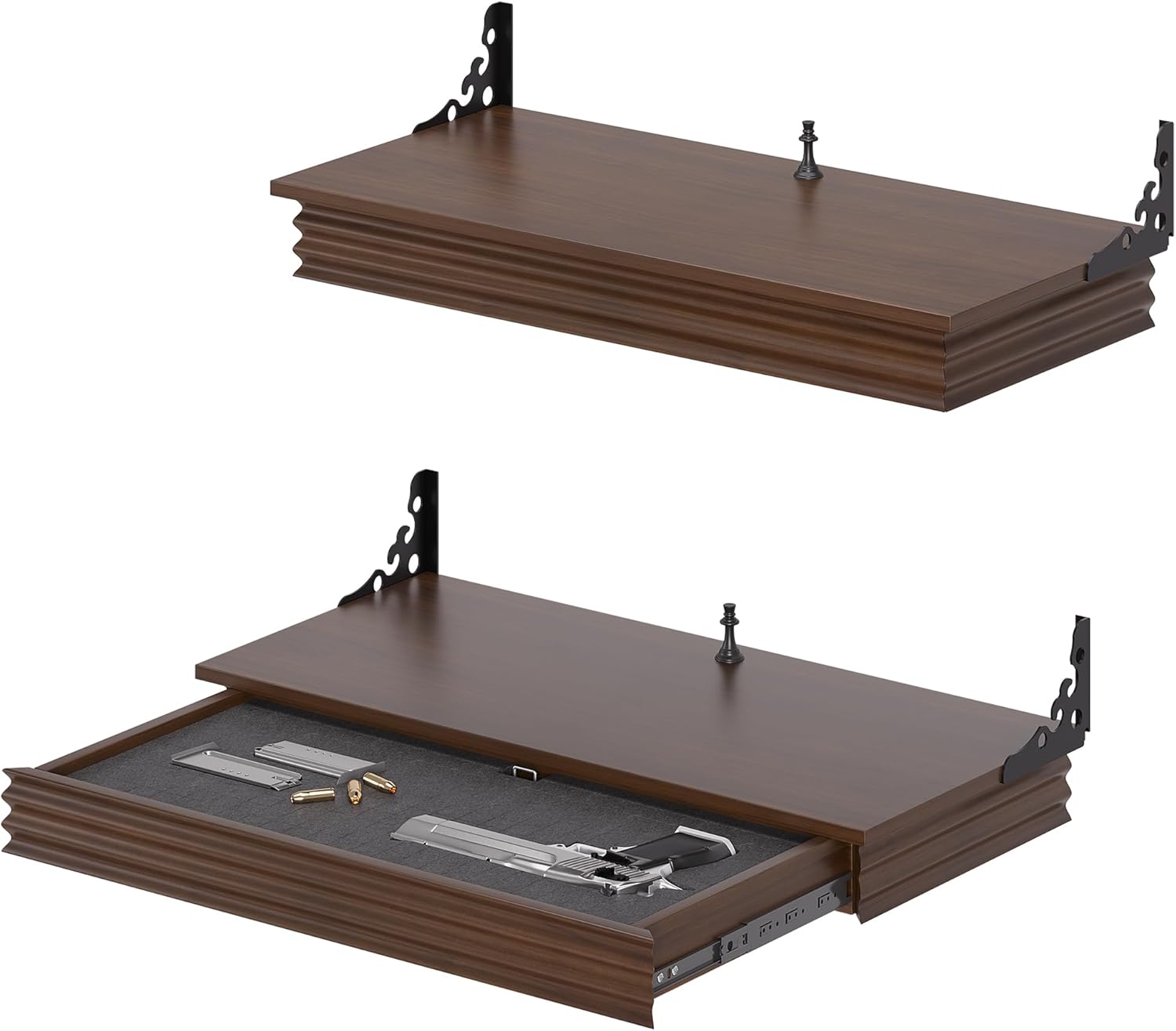 HNEBC Solid Wood 24" Compact Gun Shelf with Hidden Compartment, Floating Wall Mount Gun Rack for Living Room Decor, Modern Concealed Furniture for Secure Gun Storage