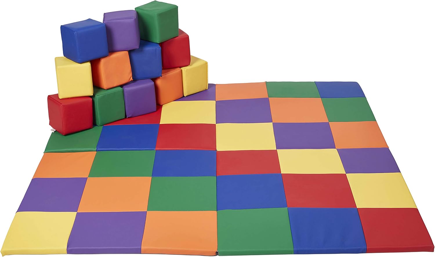 ECR4Kids SoftZone Patchwork Toddler Activity Mat and 12 Stacking Block Set, Colorful Baby Crawling and Tummy Time Foam Pad and Building Blocks, Padded Infant Floor Mat, Foldable Design