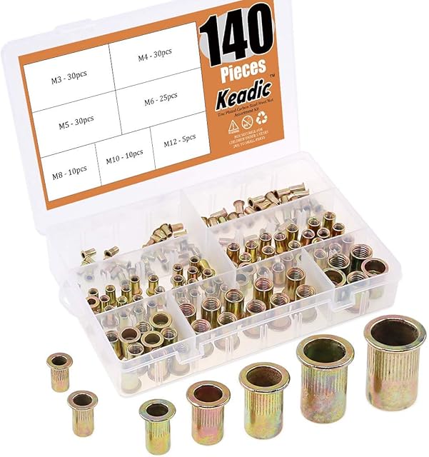 Keadic 140 Pieces Rivet Nut Metric Zinc Plated Carbon Steel Flat Head Threaded Insert Nutsert Assortment Kit - 7 SizesM3 M4 M5 M6 M8 M10 M12