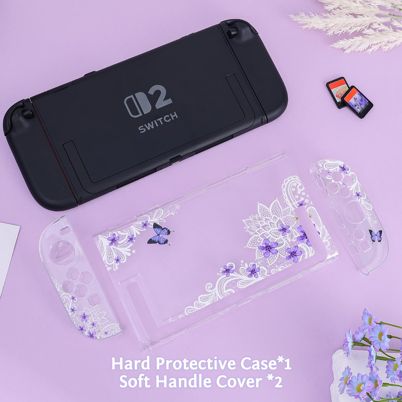 DLseego Clear Case Compatible with Switch 2,Anti-Scratch Slim Cover Case Pretty Printed Flowers PC Hard Protective Shell for Switch 2 with 2 Soft Joy-C Handle Cover,Butterfly Lace — view 7