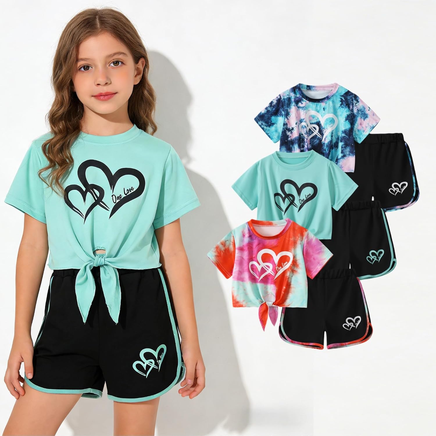 Girl Tie Dye Shirt Set 6 Pcs Causal Heart Print Short Sleeve Top and Track Shorts Summer Outfit