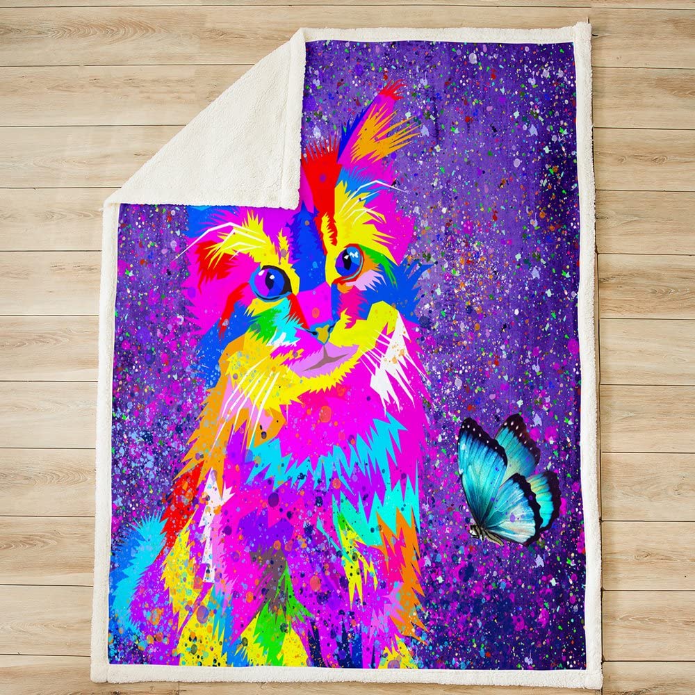 Manta de forro polar para gatos, para cama, sofá, mascotas, gatos, pintura de mariposas, galaxia, púrpura, manta de felpa 3D Animal Sherpa lindo gatito cálida manta de rey 87 x 94 pulgadas