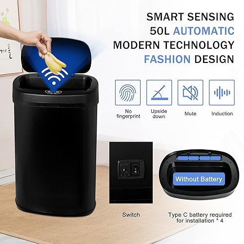 Miniatura 10 de Bote de basura de 13 galones para cocina, automático, sensor de movimiento y sin contacto, bote de basura de acero inoxidable cepillado con tapa,