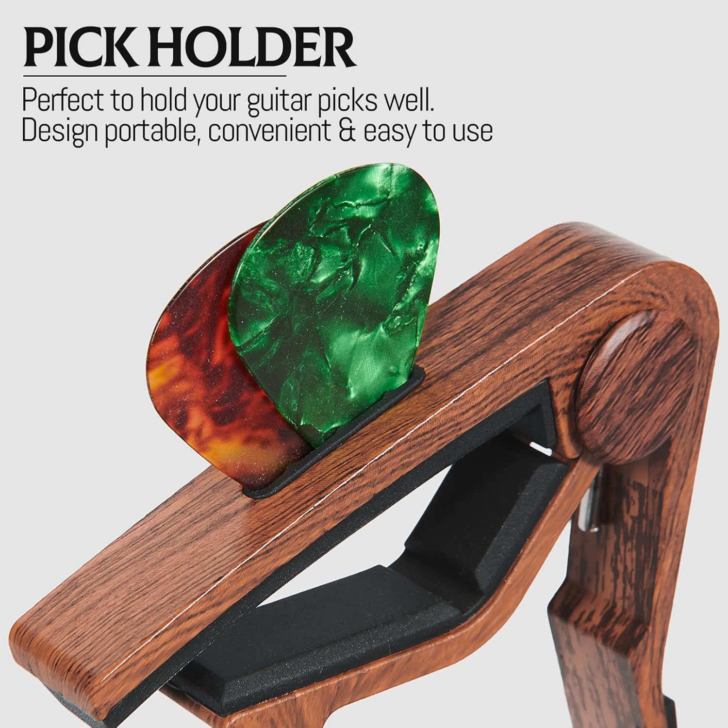 Cejilla de guitarra con soporte para púas para guitarra acústica y eléctrica, ukelele, bajo, banjo, madera rosa