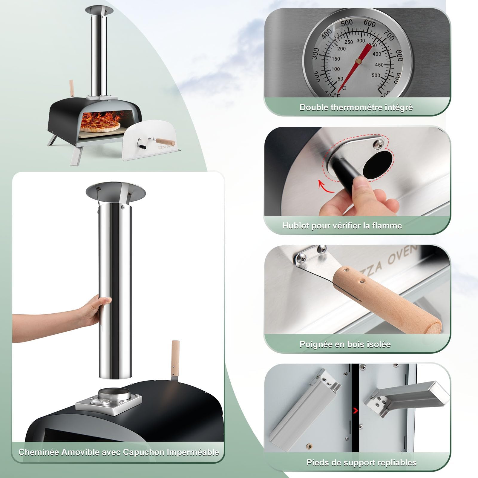 GYMAX Four à Pizza à Bois ou à Pellet Extérieur, Thermomètre, 450 ℃, Pierre à Pizza φ33CM