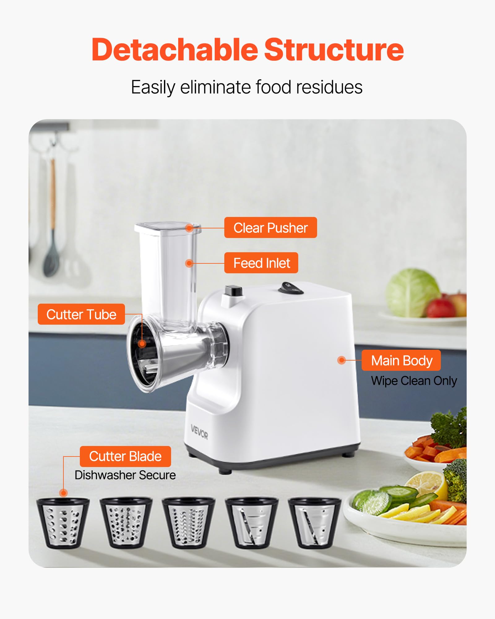 VEVOR Rallador de Queso Eléctrico 5 en 1, ABS, Cortador de Ensaladas de 200 W, con 5 Accesorios, Cuchillas de Acero Inoxidable para Verduras y Queso, Corte Rápido, 240 x 125 x 270 mm, Blanco