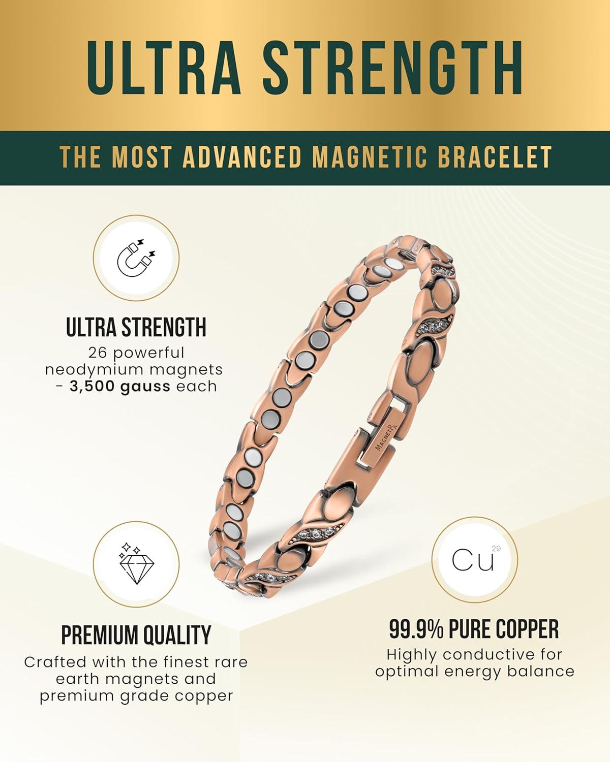 MagnetRX Copper Bracelets for Women – Ultra Strength Magnetic Crystal Bracelet for Women – Adjustable Copper Bracelet with Crystals with Included Sizing Tool (Crystal XO Style) - Image 4