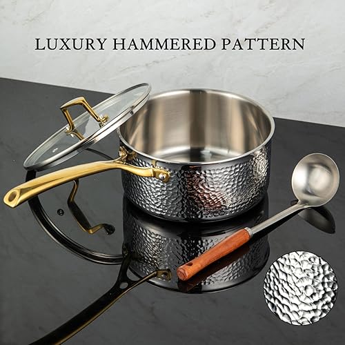 Miniatura 5 de Cyrder Juego de 5 ollas y sartenes de acero inoxidable martillado, juego de utensilios de cocina antiadherentes de acero inoxidable resistente 188,