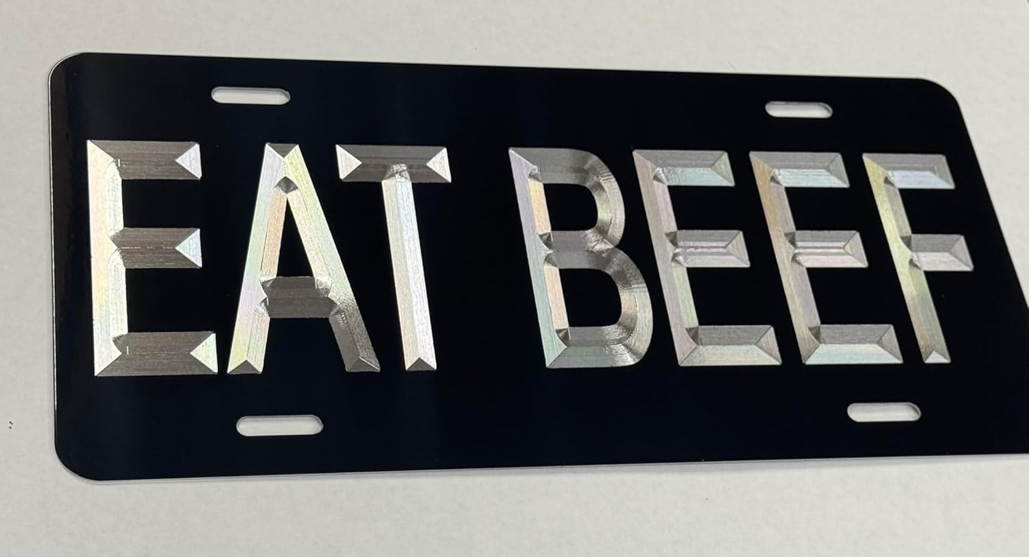 Silver Engraved Eat Beef Black Car Tag Diamond Etched Metal Front License Plate