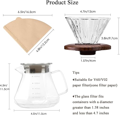 Miniatura 6 de Cafetera para verter sobre café, jarra de vidrio de borosilicato de 20 onzas con 100 filtros de papel tamaño 02, mango de nogal y tapa de vidrio,