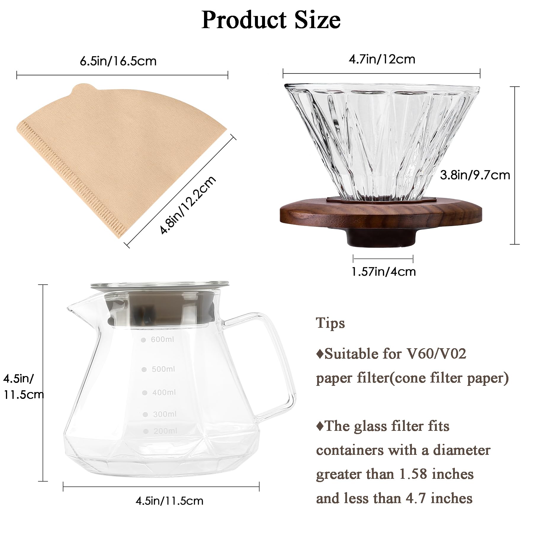 Caffettiera Pour Over, caraffa in vetro borosilicato da 600 ml, con 100 filtri di carta misura 02, manico in noce e coperchio in vetro, 600 ml, trasparente
