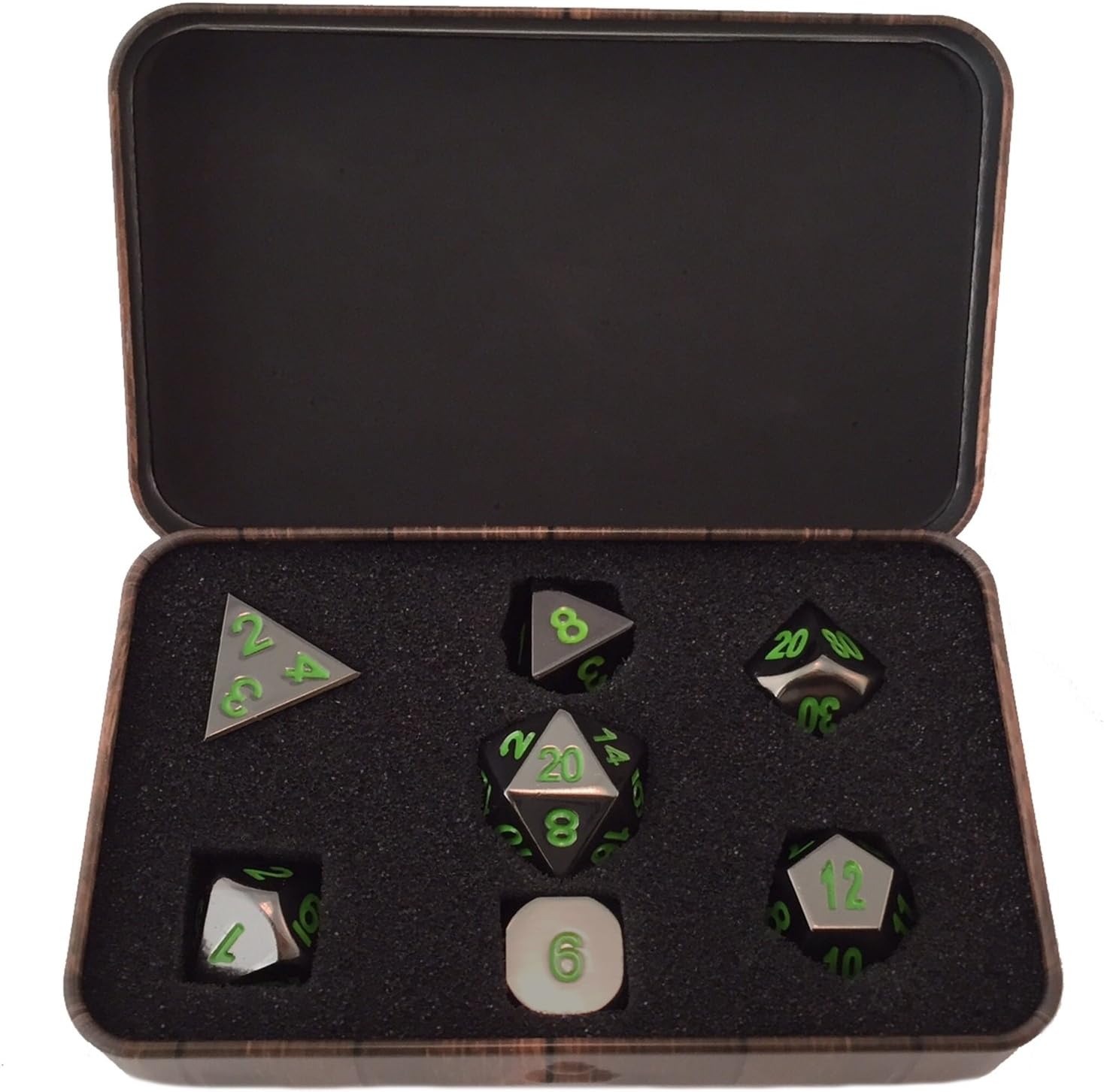 Skull Splitter Dice- Metal Dice Set - Complete Polyhedral Dice Set for RPG DND and Other Table Top Games - Includes Cool Dice Case - Shiny Black with Black Numbering