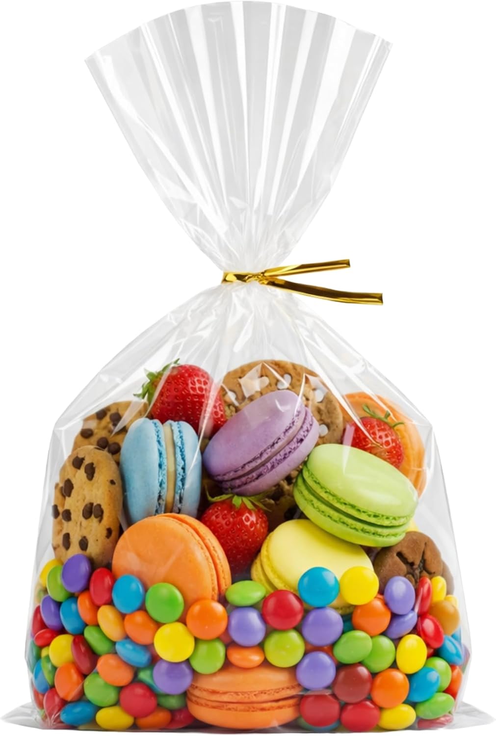 Wowfit 100 CT 7×13 Inches Clear Cellophane Gift Bags with 6″ Gold Twist Ties – Large Cello for Cookies, Candies, Treats, Popcorn, Mugs, Party Favors, and Gift Wrapping – Sturdy & Food Safe