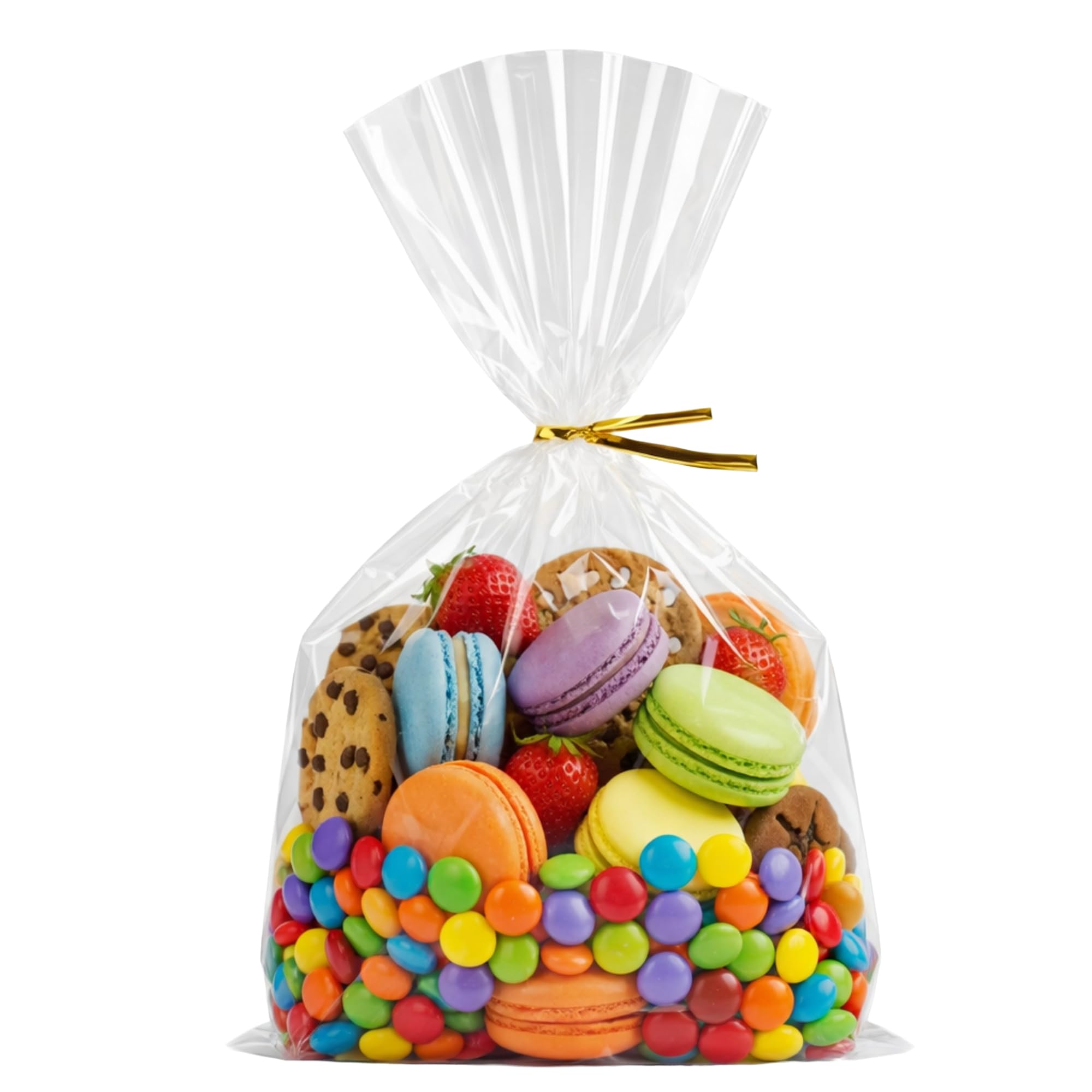 Wowfit 50 CT 7x13 Inches Clear Cellophane Gift Bags with 6" Gold Twist Ties – Large Cello Bags for Cookies, Candies, Treats, Popcorn, Mugs, Party Favors, and Gift Wrapping – Sturdy & Food Safe