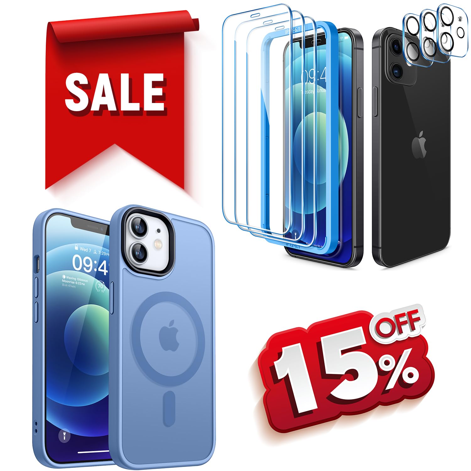 CANSHNMagnetic Case for iPhone 12 Light Blue + 3 Pack Screen Protector for iPhone 12 [6.1 inch] + 3 Pack Tempered Glass Camera Lens Protector with Easy Installation Frame - 6.1 Inch