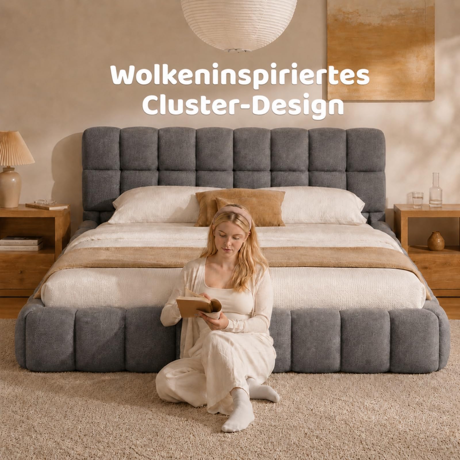 Fofetbfo Polsterbett 140x200, Doppelbett mit Bettkasten, Bubble Bett Jugendbett mit Lattenrost und Gepolstertes Kopfteil, Flachbett Gästebett, Leinen Beige,ohne Matratze (grau, 140x200 cm)