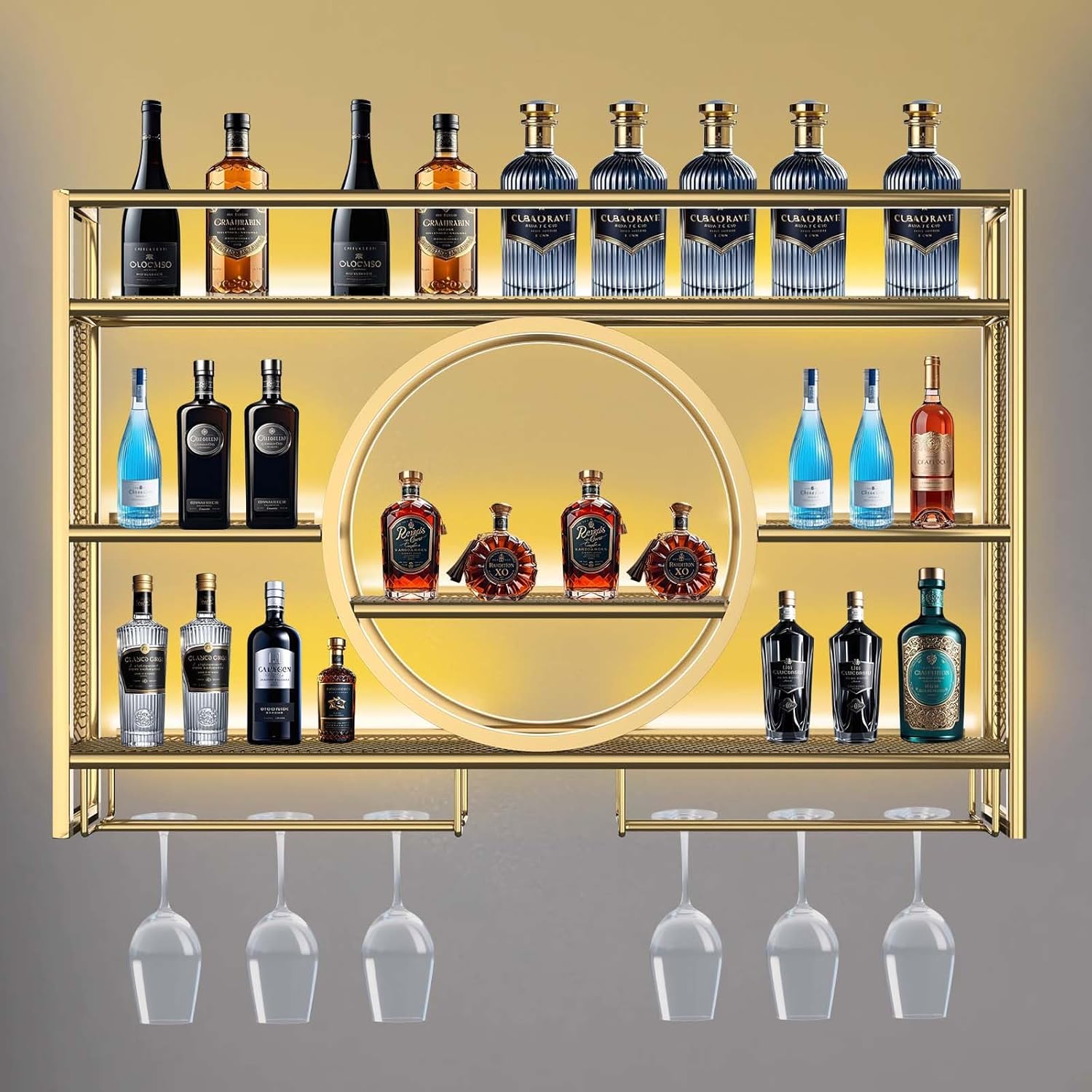 Metal Wine Rack Wall Mounted with LED Light, 3-Tier Bar Liquor Shelf with Wine Glass Holder, Modern Large Capacity Liquor Bottle Display Storage Shelf for Home Bar, Dining Room(Gold, 100 * 80 * 15)