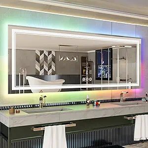 84x32 Inch LED Bathroom Mirror with Lights, Color Changing RGB Backlit Mirror,Large Lighted Vanity Mirrors for Bathroom Wall, Dimmable, Anti-Fog (RGB Backlit+Front-Lit)