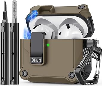 Inesore for AirPods 4 Case with Automatic Snap Lock-Brown | Protective TPU+PC Shockproof Case Compatible with AirPods 4, with Cleaning Pen, Carabiner