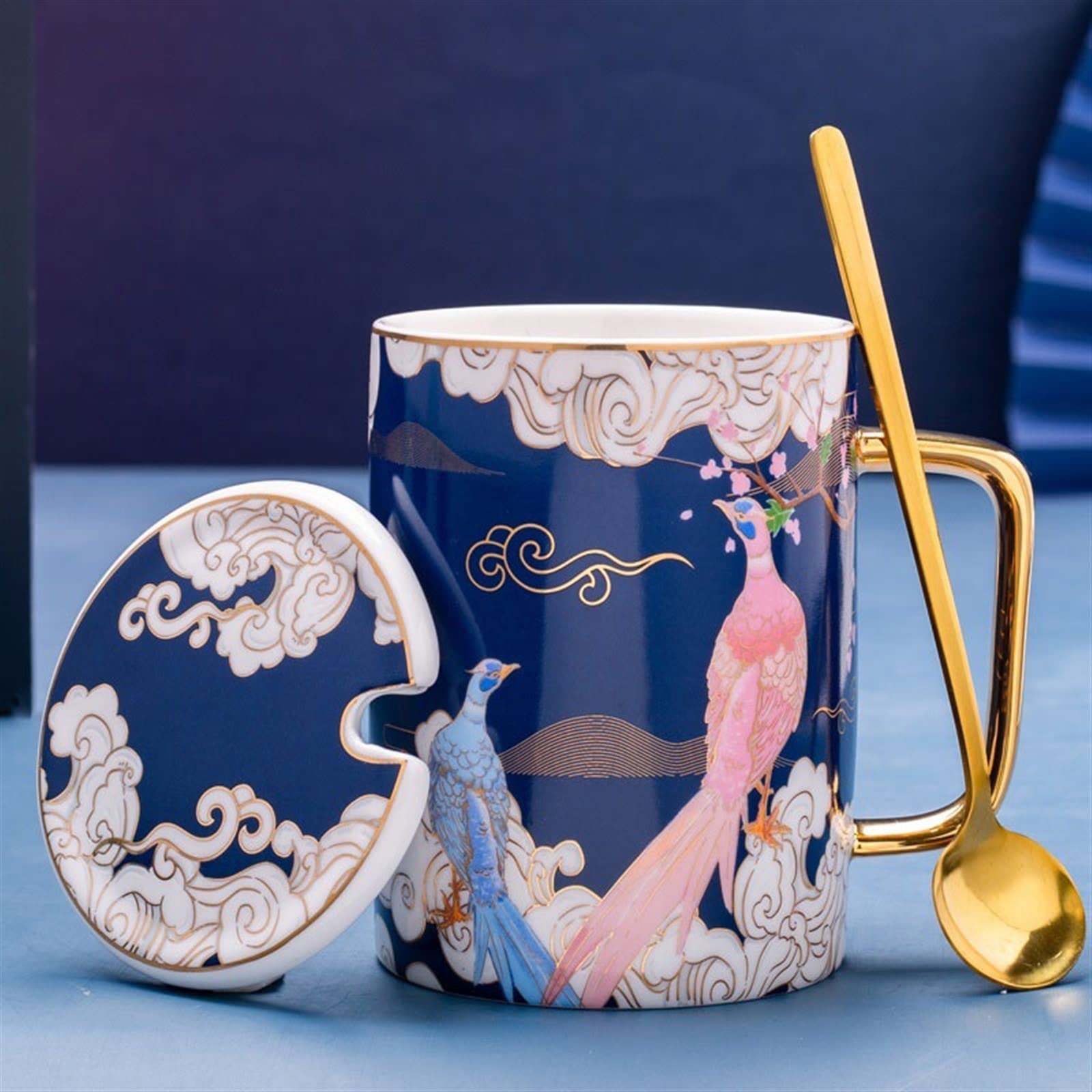 Tasse Becher Kreativer und personalisierter Becher im chinesischen Stil, antike Tasse aus Knochenporzellan, große Kapazität, Kaffeetasse mit Deckel und Löffel, 450 ml Kaffeetassen ( Color : Blu )