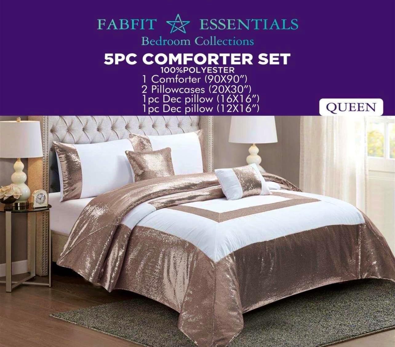 Glitter Flip Sequins Comforter Set - 100% Microfiber, Soft & Confortable, 2 Standard Shams, 2 Throw Pillows, 1 Decorative Pillow (Queen)
