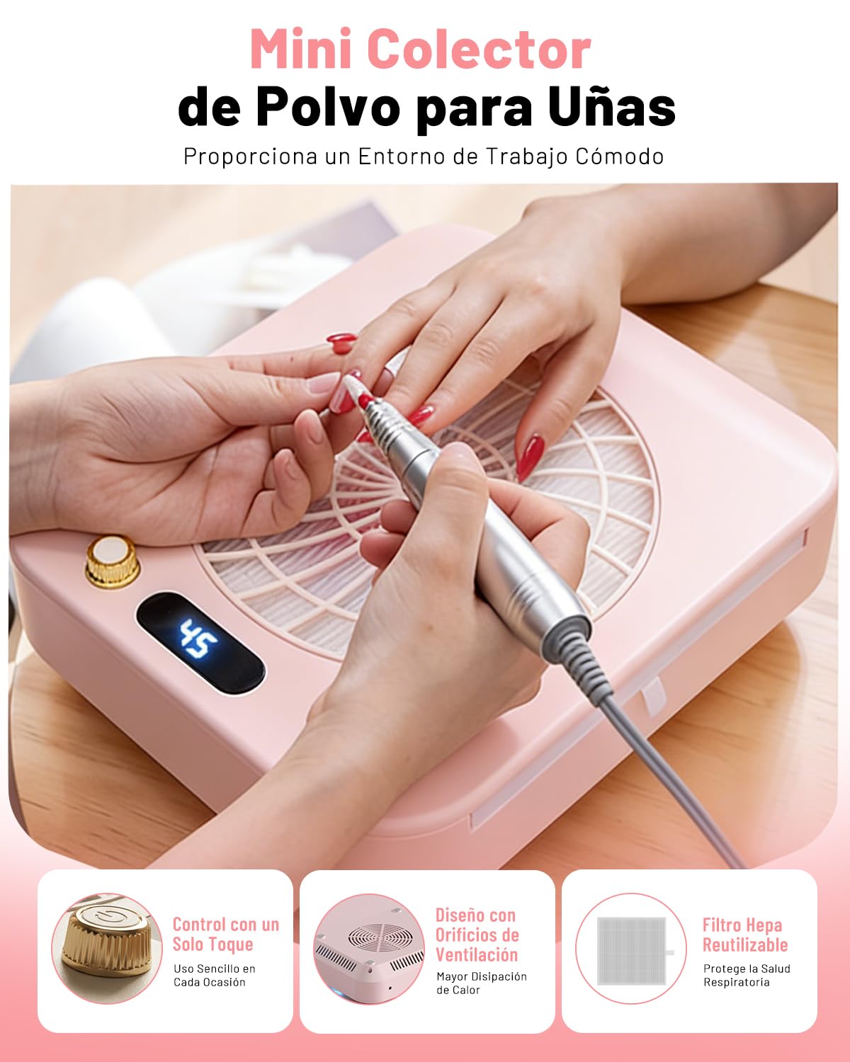 CozyZen Colector de Polvo para Uñas: 4300 RPM/45 Velocidades LED, 160 CFM, Motor 30.000 Hrs, Filtro Reutilizable, Salones & Hogar（Rosa）
