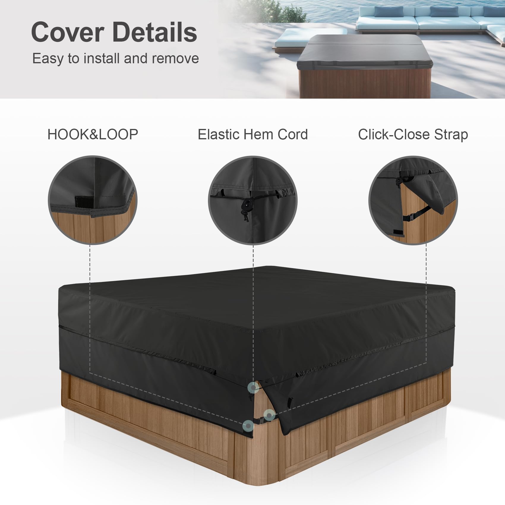 Cubierta impermeable para bañera de hidromasaje al aire libre, cuadrada, protector de cubierta dura de 76 x 76 x 20 pulgadas de alto, color negro