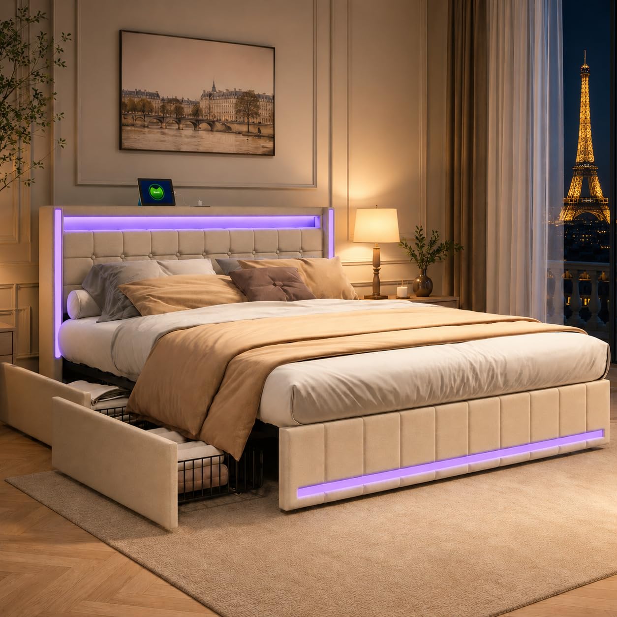 LIVLUX Lit 140x190 avec Sommier LED et USB,lit Double rembourré avec sommier à Lattes et 4 Tiroirs,lit 2 Personnes pour Adultes et Adolescents,Lin (Beige, 140 x 190 cm)